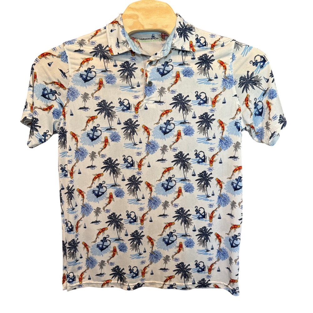 Hawke & Co Golf Polo M Koi Fish Anchor Palm Tree Print Nautical Sailboat Ocean